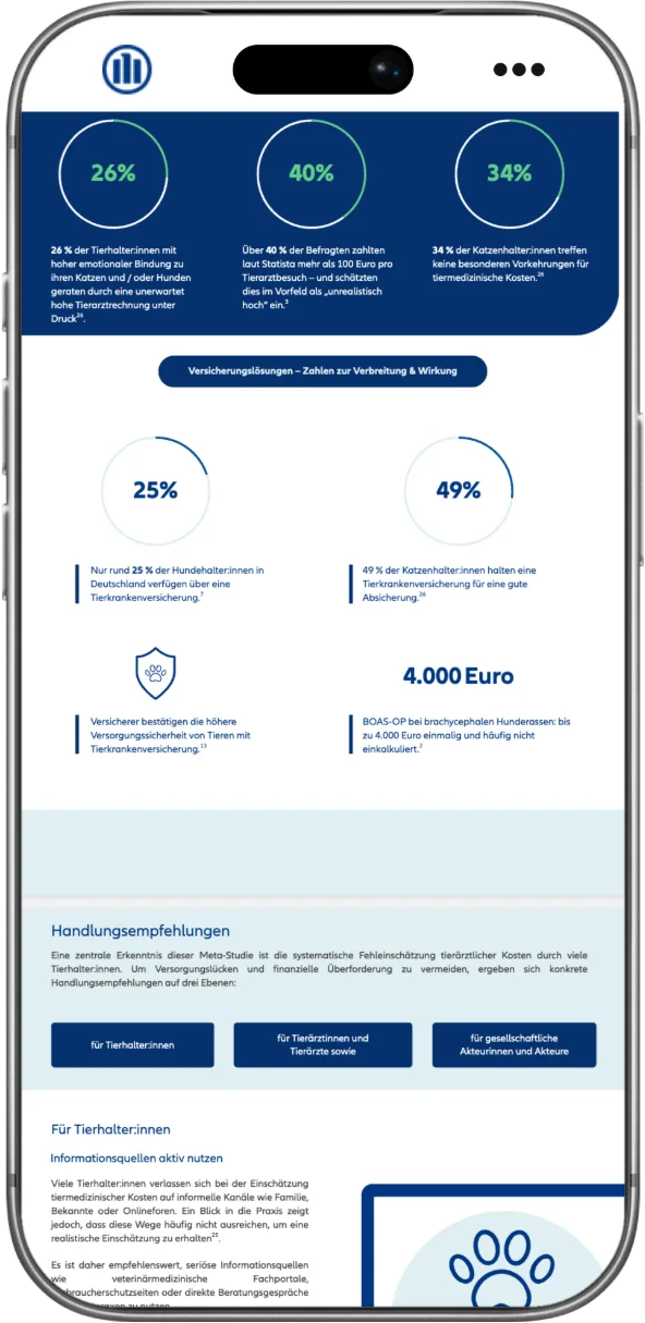 Seiten der Allianz-Metastudie auf einem Smartphone: Kernzahlen und Handlungsempfehlungen